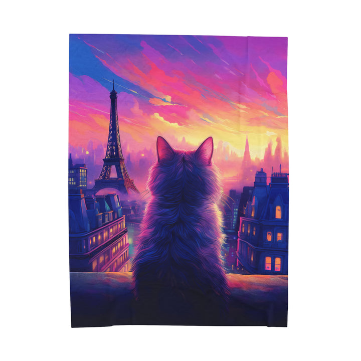 Parisian Sunset Cat Velveteen Plush Blanket – Cozy Elegance with a View