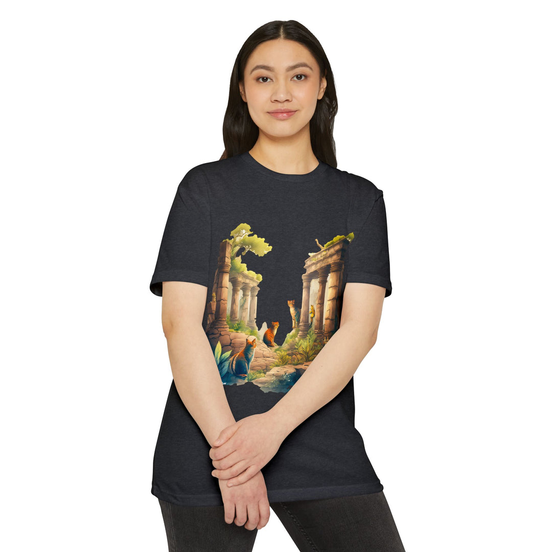 Mystical Cat Temple T-Shirt - Feline Exploration Art