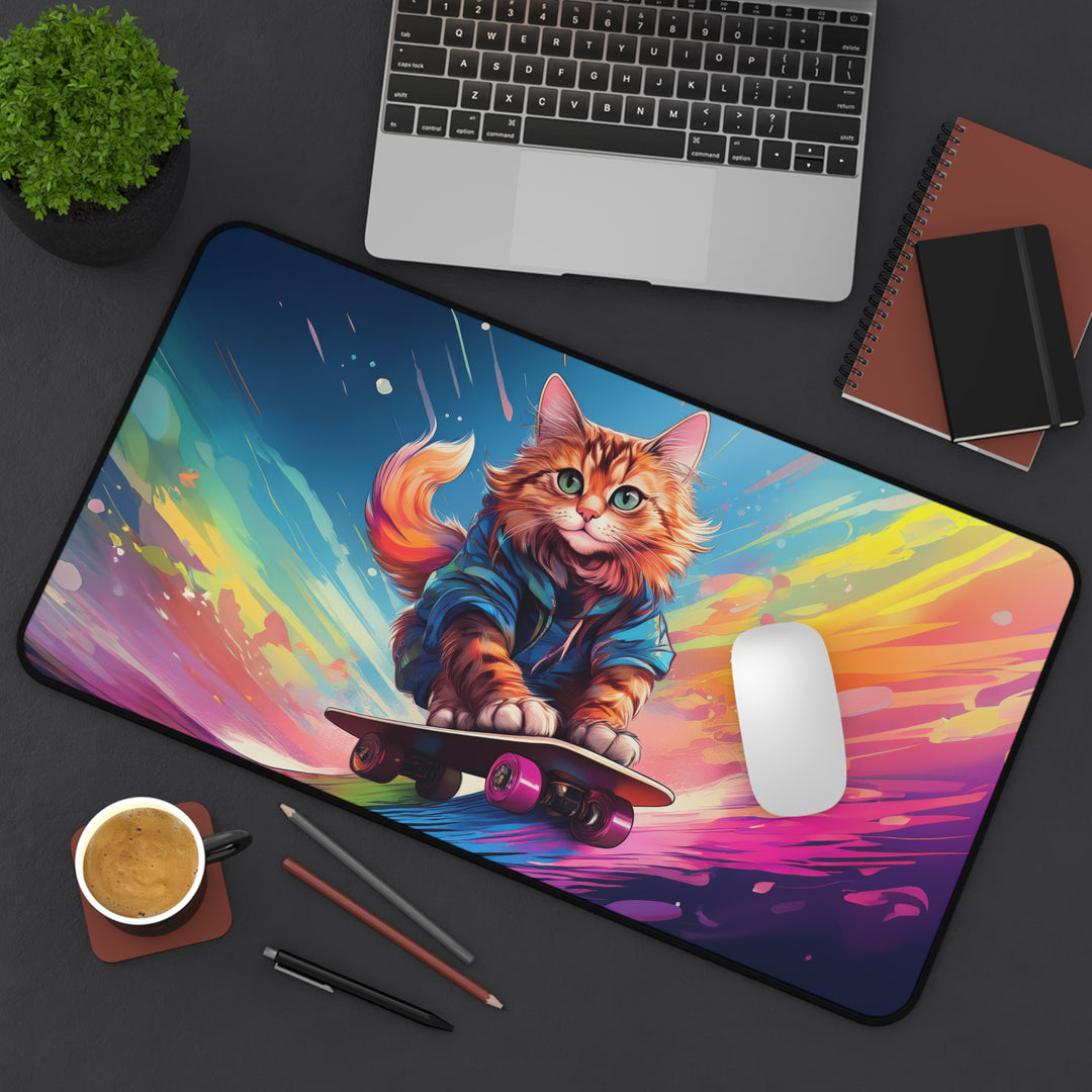 Skater Cat Desk Mat – Ride the Rainbow of Creativity