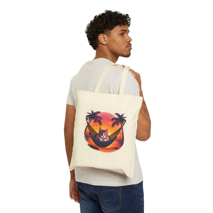 Tropical Sunset Cat Hammock Cotton Canvas Tote Bag – Relax in Paradise