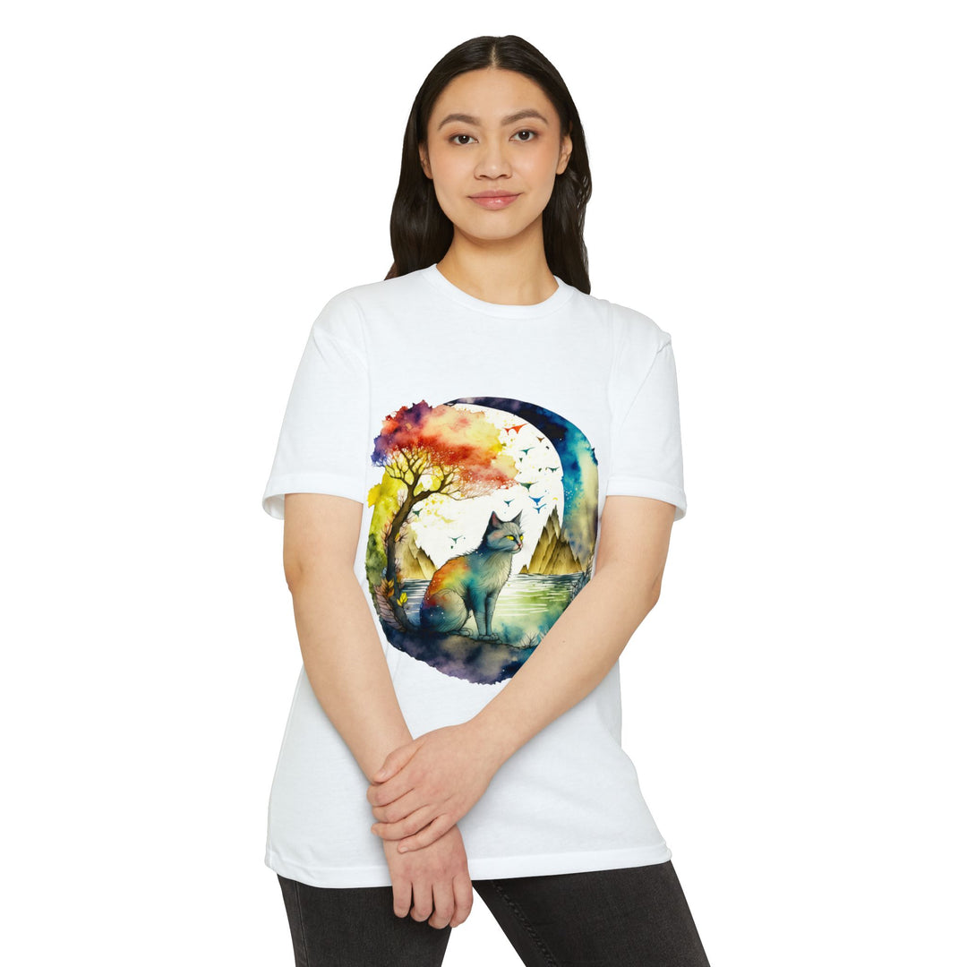 Tranquil Feline Oasis Top - Unisex Watercolor Nature T-Shirt