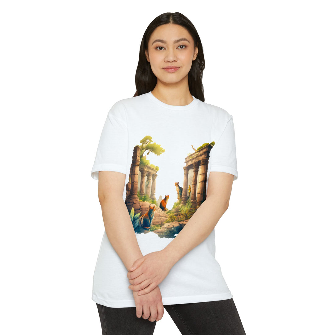 Mystical Cat Temple T-Shirt - Feline Exploration Art