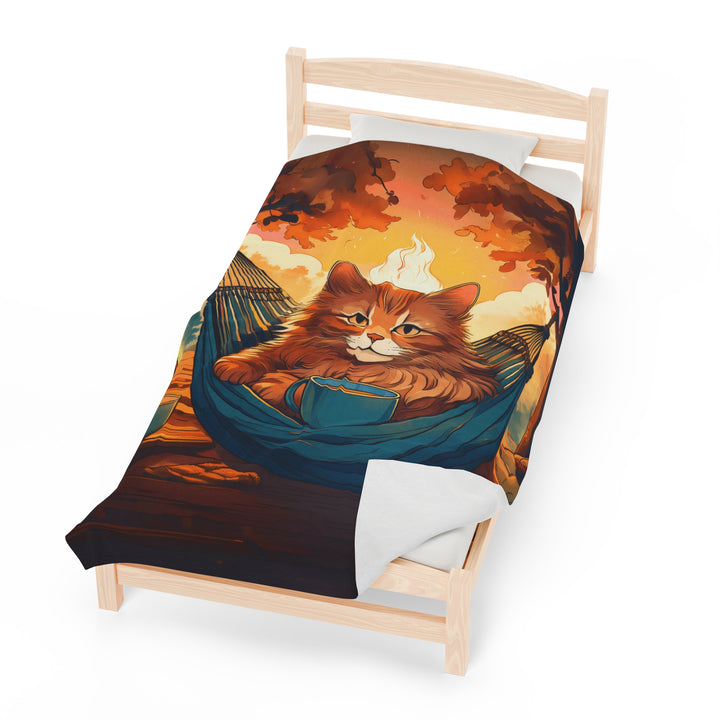 Hammock Cat Coffee Break Velveteen Plush Blanket – Cozy Moments in Nature