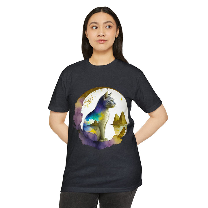 Celestial Watcher Cat Top - Unisex Mystical Night T-Shirt