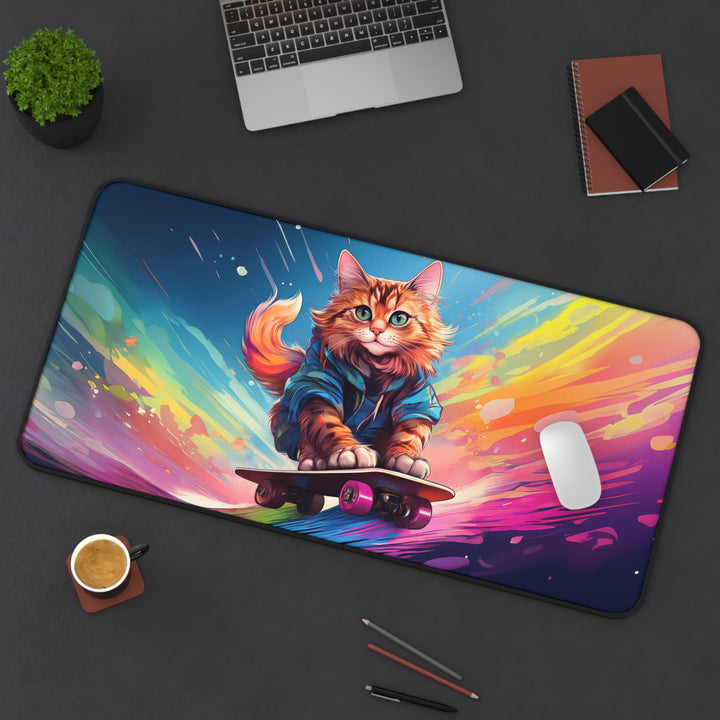 Skater Cat Desk Mat – Ride the Rainbow of Creativity